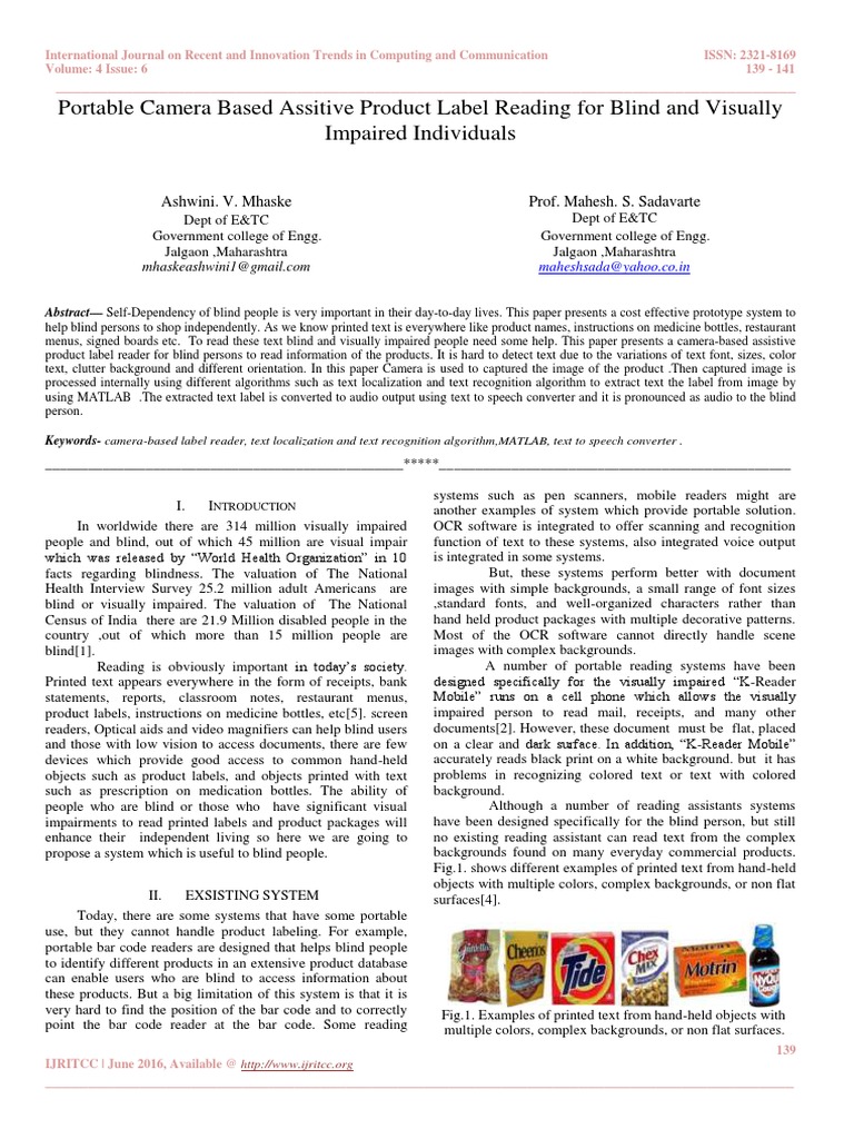 Portable Camera Based Assitive Product Label Reading For Blind and ...