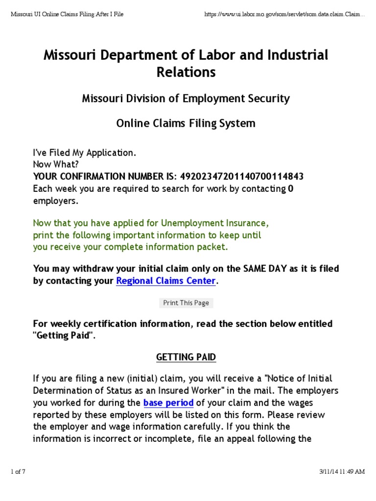 Missouri UI Online Claims Filing - After I File | PDF | Unemployment