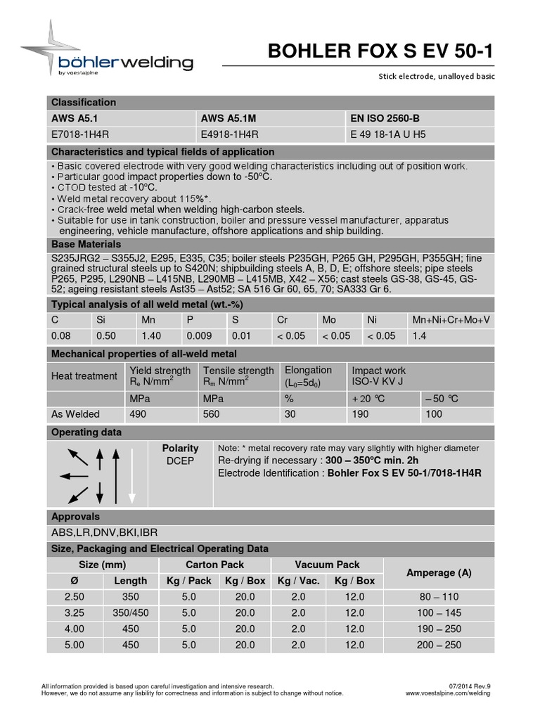 Böhler Fox S EV 501 Datasheet PDF Welding Construction