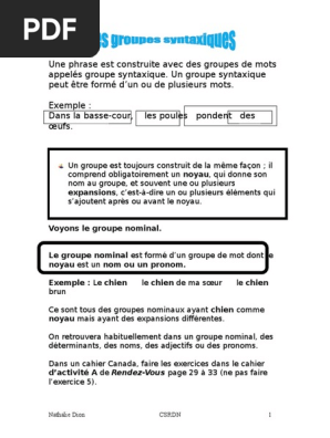 Exercices Les Groupes Syntaxiques Pdf Sujet Grammaire Phrase