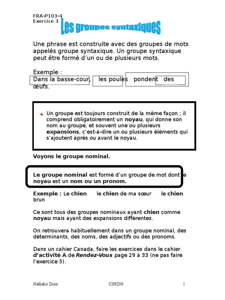 Exercice Groupe Nominal 6eme Exercices Les - Groupes.syntaxiques | PDF | Sujet (Grammaire) | Phrase
