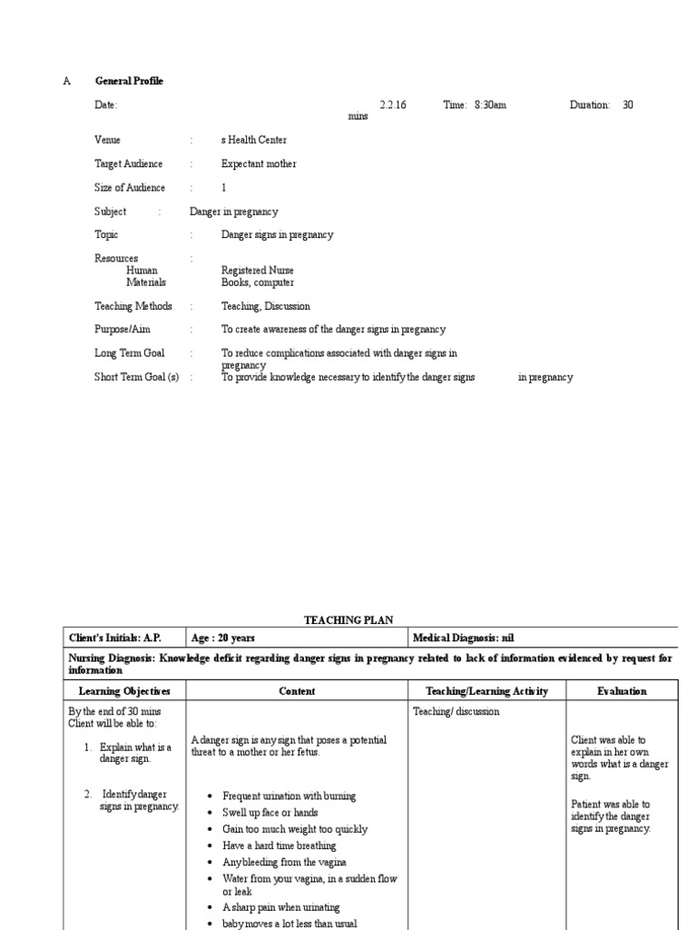 Danger Signs in Pregnancy Teaching Plan PDF Pregnancy Childbirth
