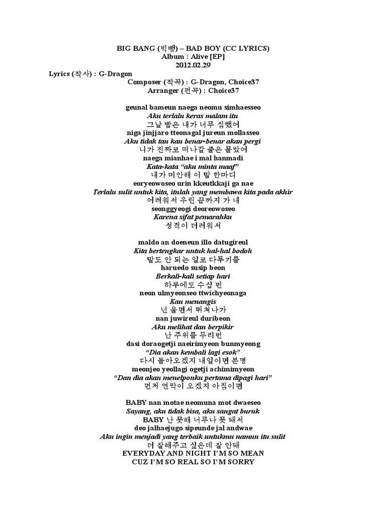 Big Bang - Bad Boy Lyrics | PDF