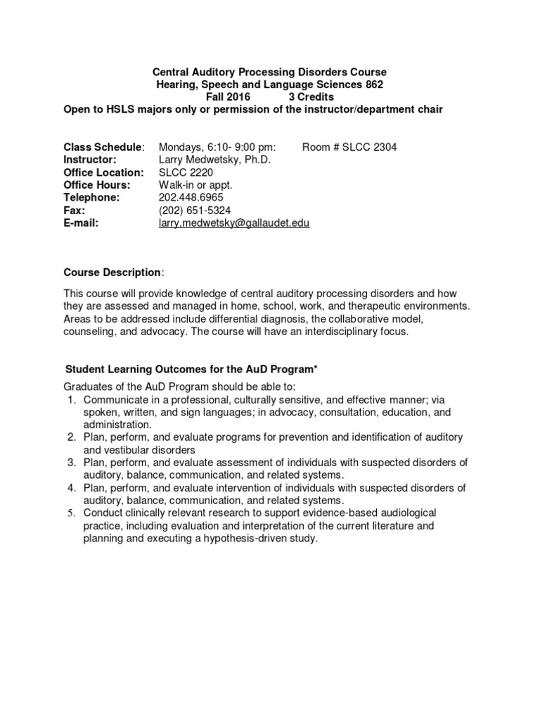 Central Auditory Processing Disorders Course | PDF | Hearing Loss ...