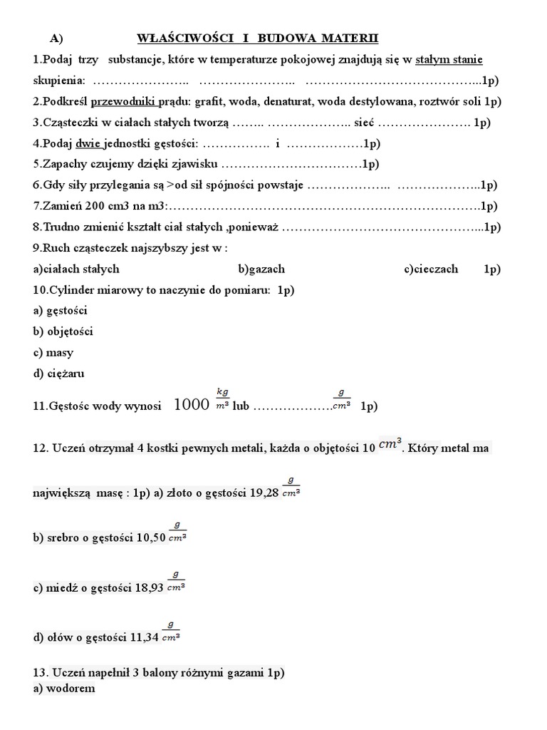 Sprawdzian Fizyka Klasa 7 Dzial 2 Niektore Wlasciwosci Fizyczne Cial