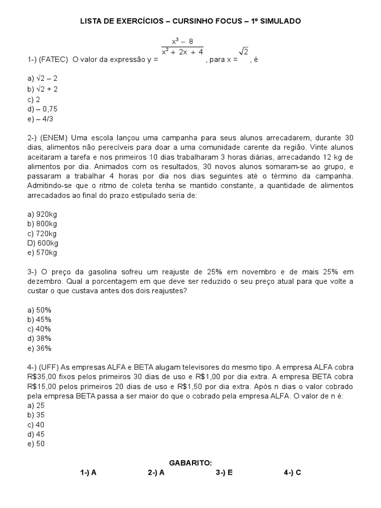 Exercícios de Matemática para Vestibular | PDF