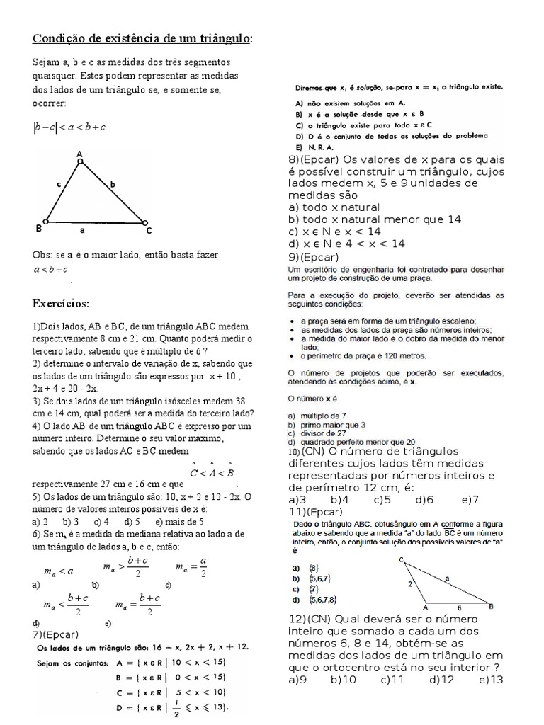 Exercícios sobre Triângulos e Suas Condições | PDF | Triângulo | Geometria