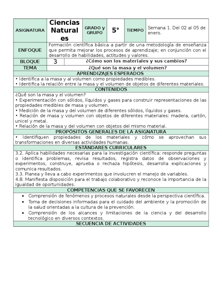 Plan 5to Grado Bloque 3 Ciencias Naturales (20162017) Mezcla Ciencia