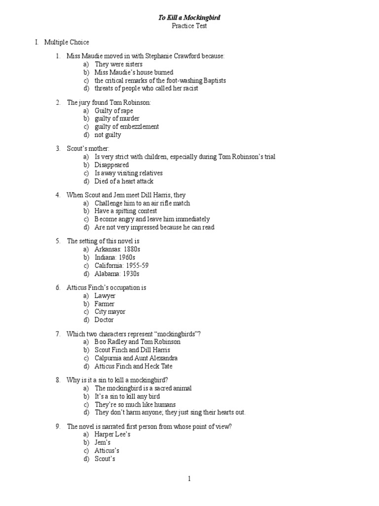 To Kill A Mockingbird Practice Test To Kill A Mockingbird Prosecution