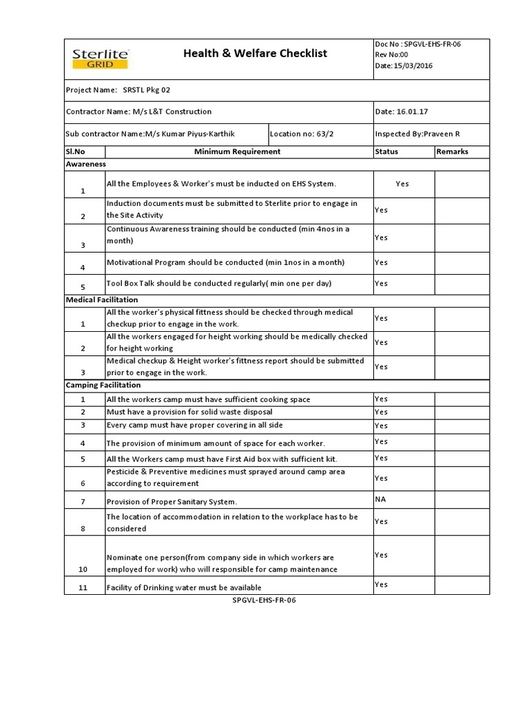 Health & Welfare Checklist for EHS Compliance | PDF | First Aid ...