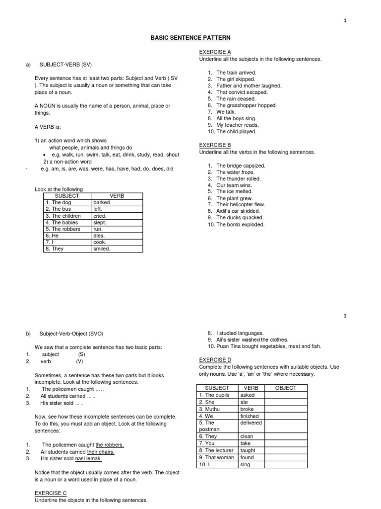 Basic Sentence Pattern PDF | PDF | Sentence (Linguistics) | Object ...