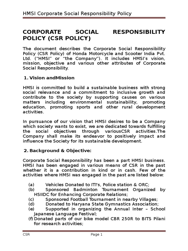 CSR Policy | PDF | Corporate Social Responsibility | Board Of Directors