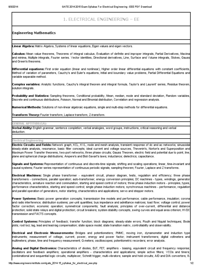 GATE 2014 2015 Exam Syllabus for Electrical Engineering EEE PDF