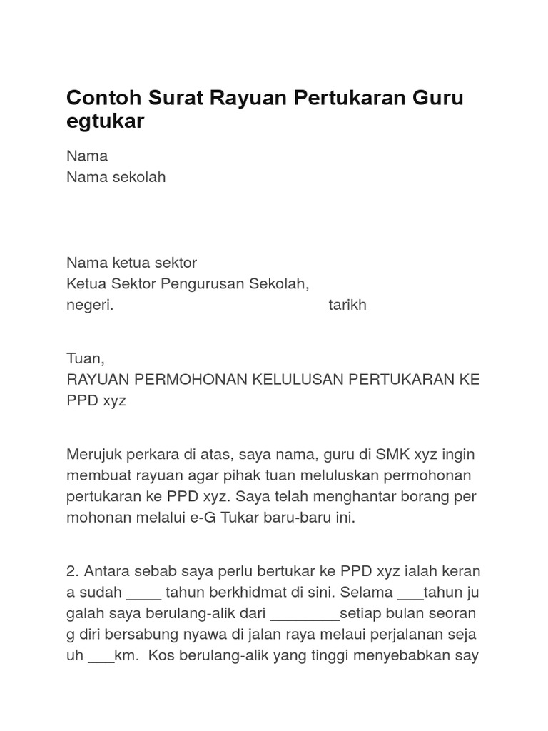 Contoh Surat Rayuan Pertukaran Guru Egtukar