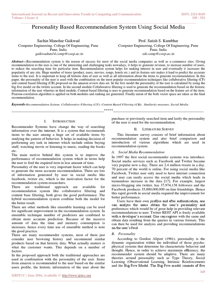 Personality Based Recommendation System Using Social Media: Sachin ...