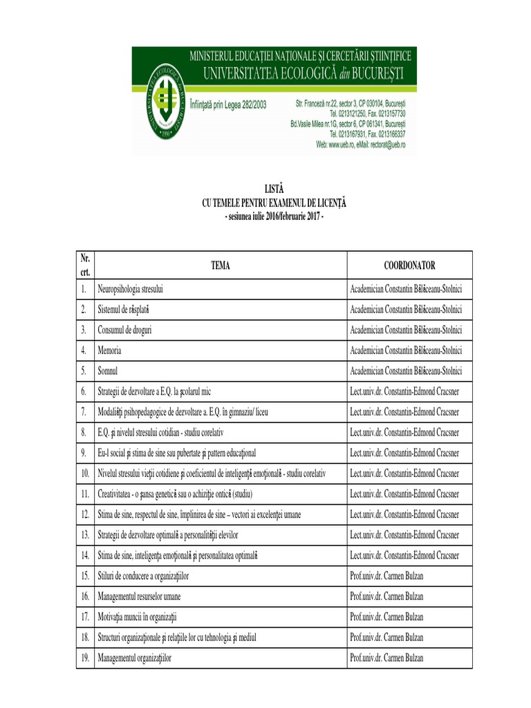 Listă Cu Temele Pentru Examenul De Licenţă Sesiunea Iulie 2016