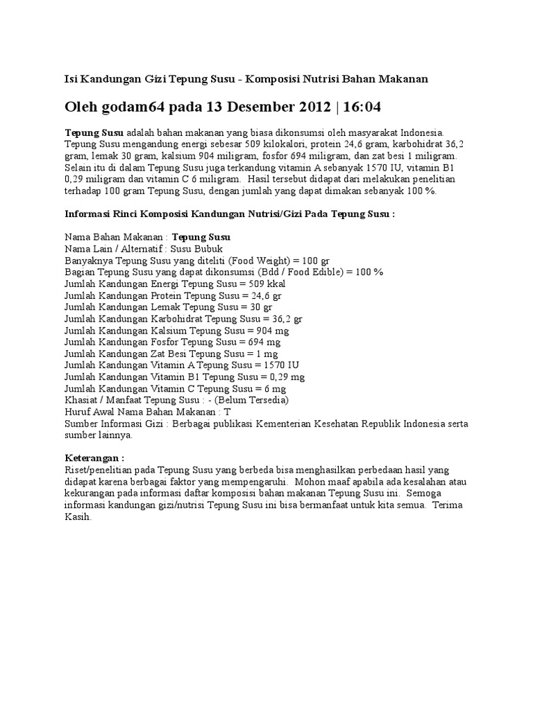 Isi Kandungan Gizi Tepung Susu | PDF