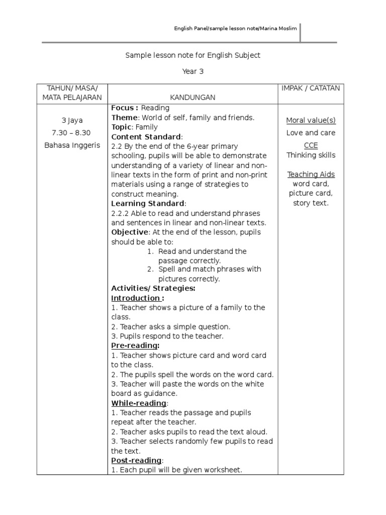 Sample Lesson Note Reading | Reading Comprehension | English Language