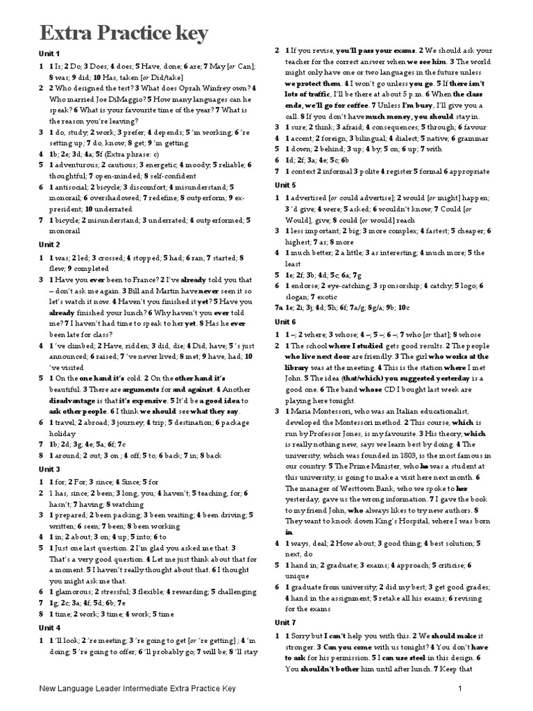 NLL INT Extra Practice Key PDF | PDF | Cooking, Food & Wine