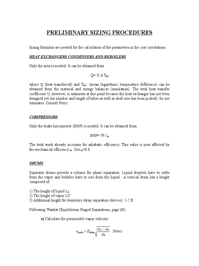 Preliminary Sizing Procedures Heat Exchangers Condensers and Reboilers