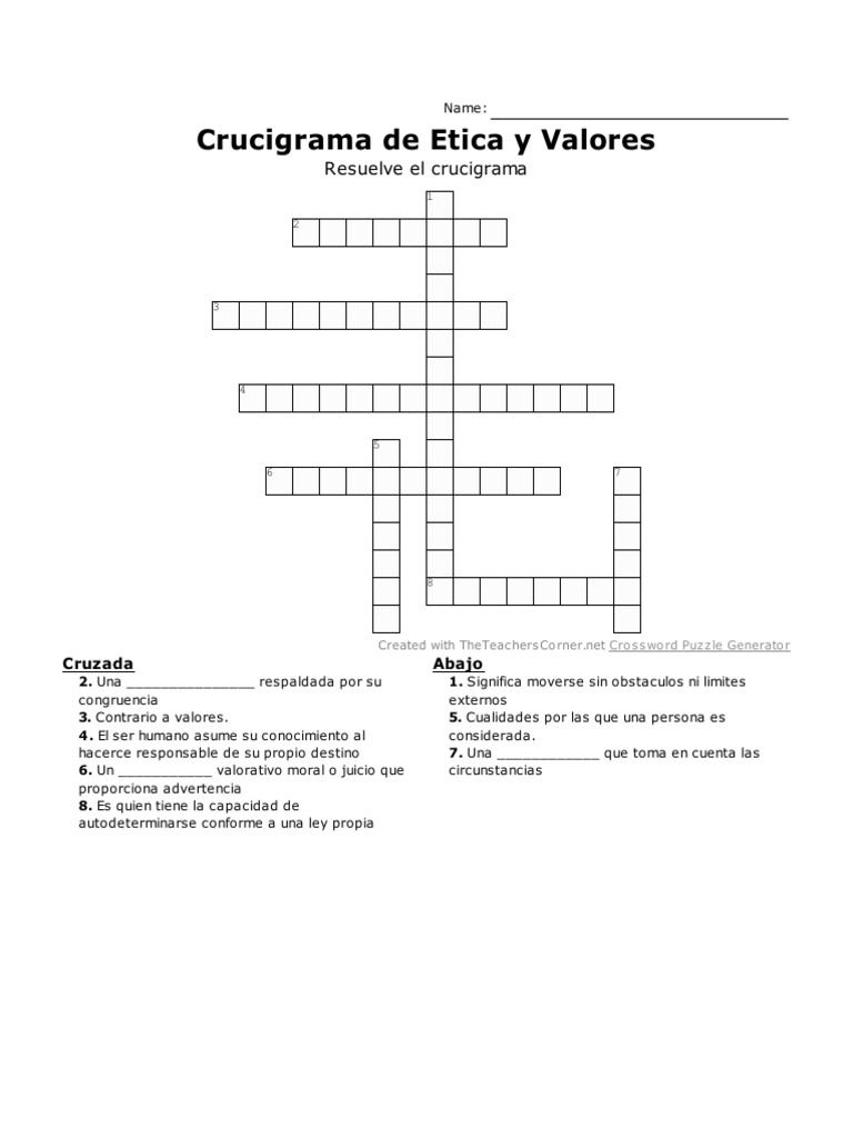 Crucigrama de Etica y Valores