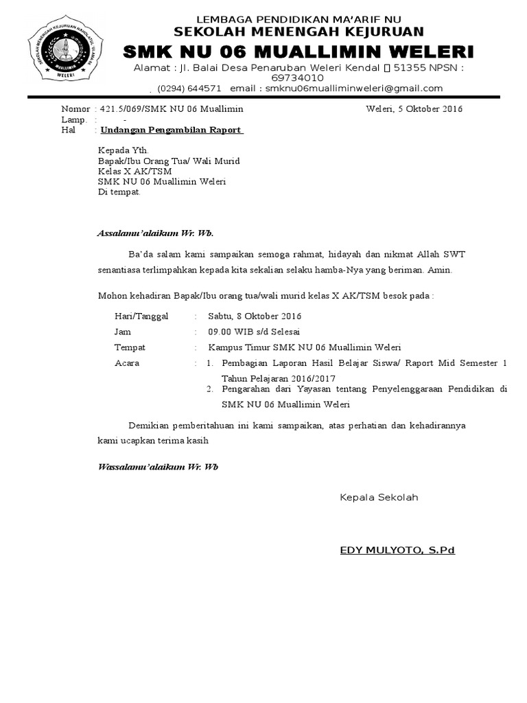 Surat Undangan Pengambilan Raport Smt Mid 1