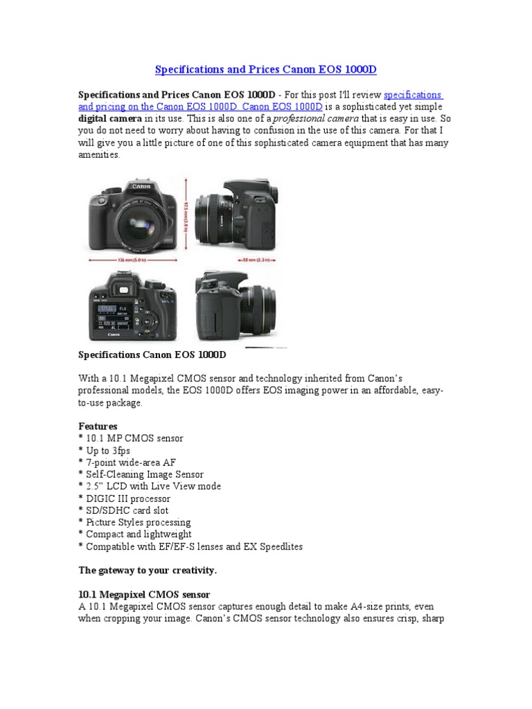 Specifications and Prices Canon EOS 1000D Autofocus Canon Eos