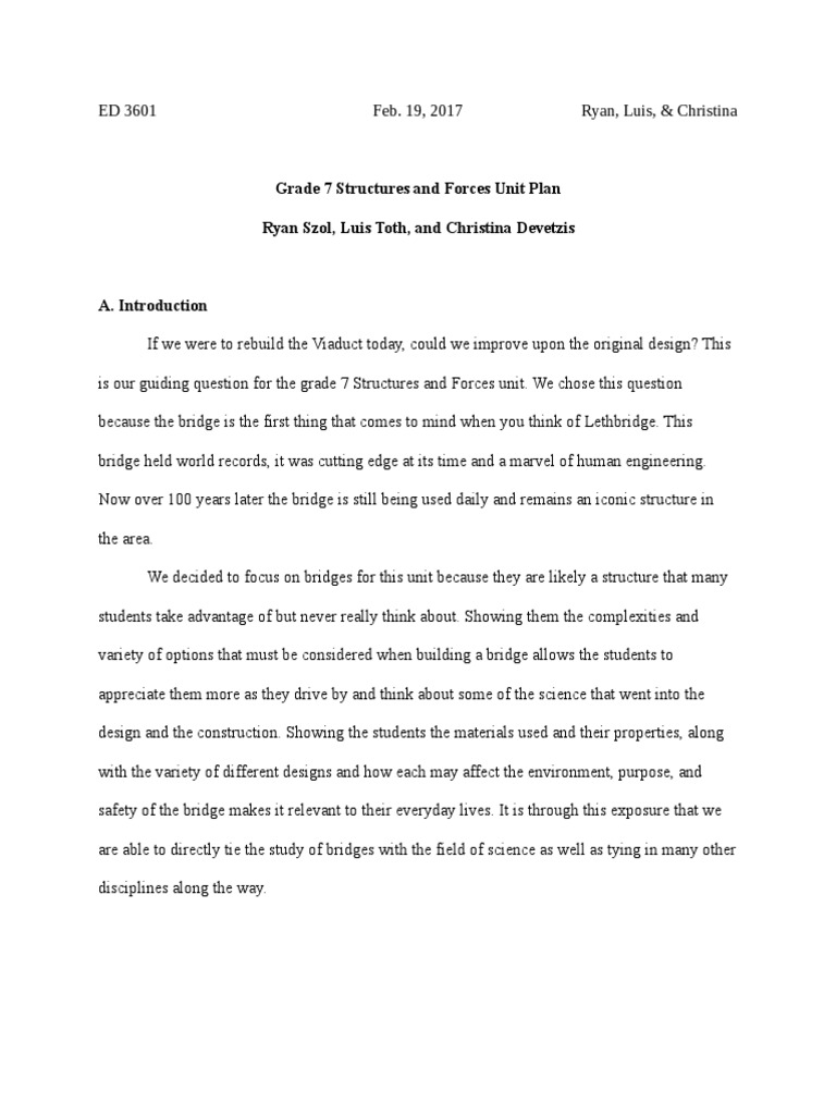 Grade 7 Bridge Design Unit Plan | PDF | Scientific Method | Experiment