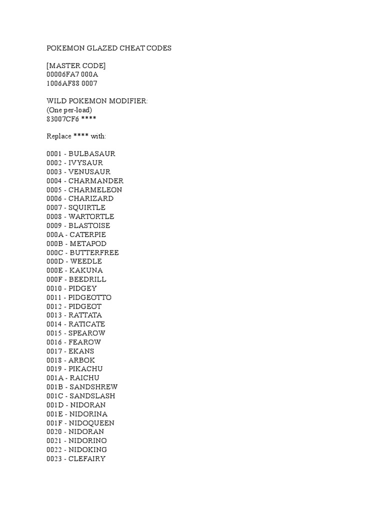 Pokemon Glazed Cheat Codes Artificial Mythology Pokemon