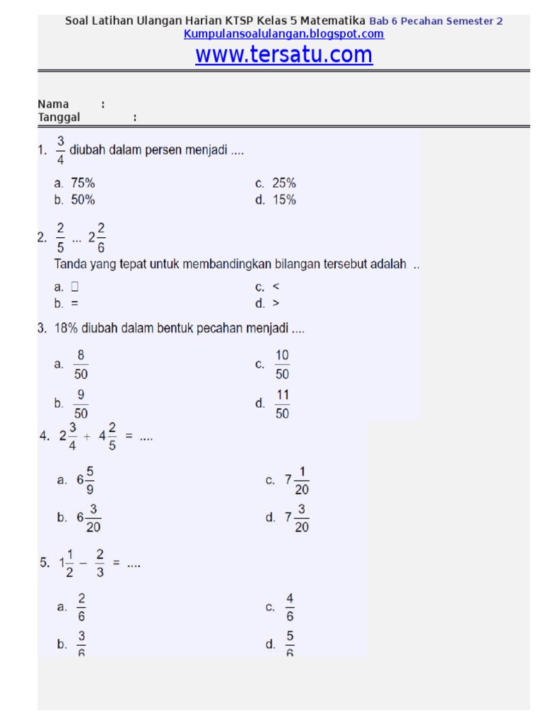 Soal Ulangan Harian Matematika Ktsp Kelas 5 Bab 6 Pecahan Semester