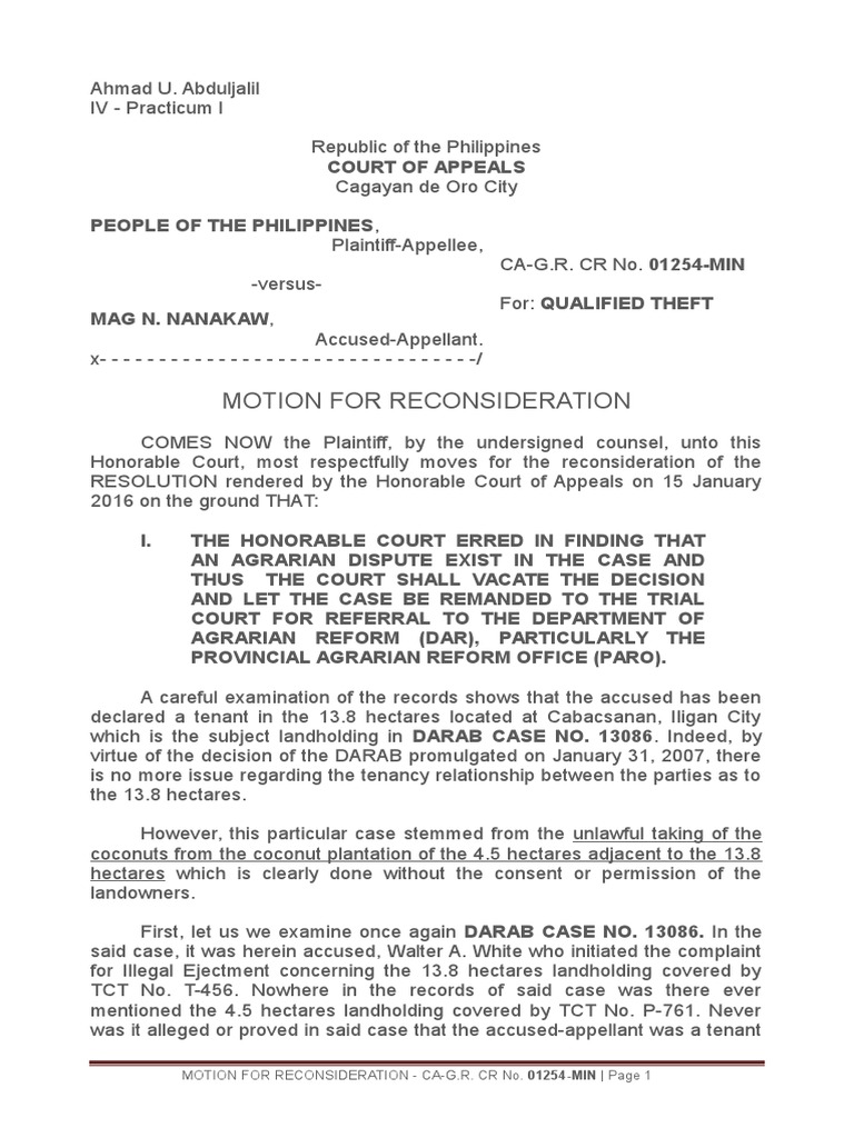 Motion for Reconsideration Re QualifiedTheft Leasehold Estate Lease