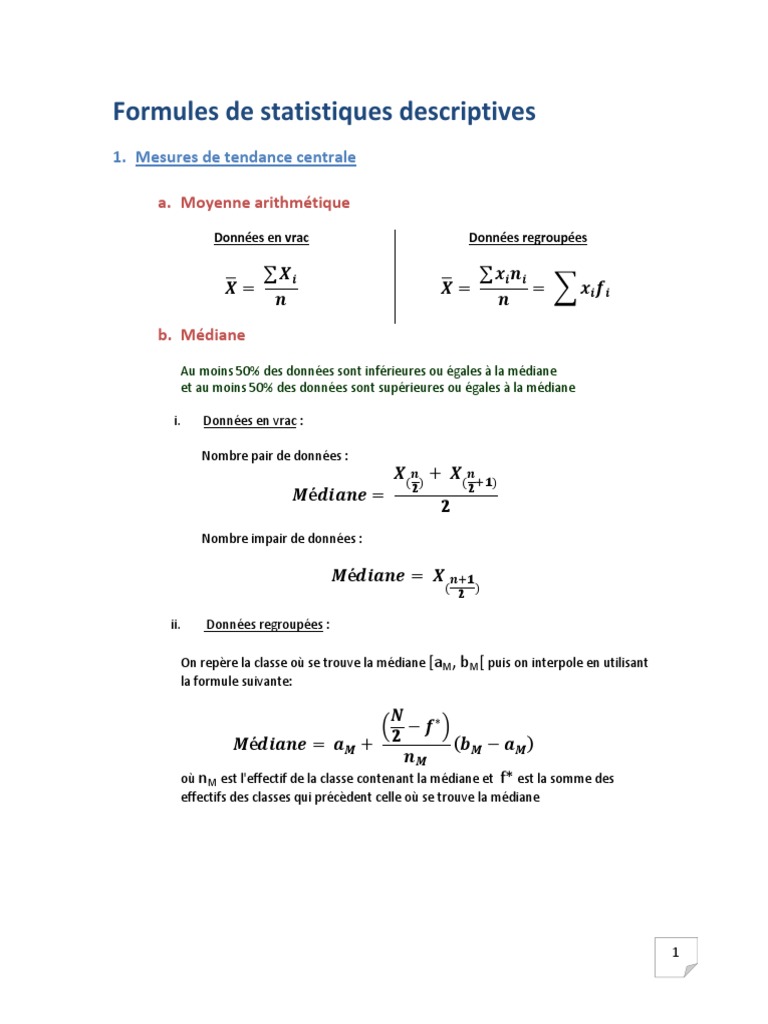 Formules de Statistiques Descriptives | PDF | Quartile | Analyse des ...