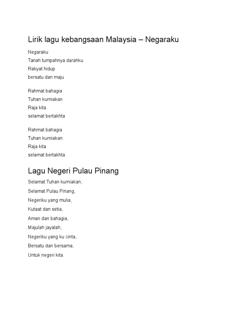 Lirik Lagu Kebangsaan Malaysia