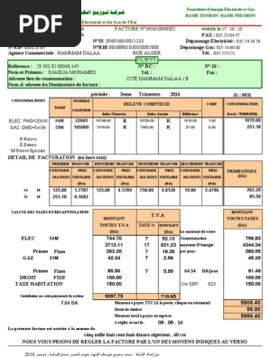 فاتورة الكهرباء والغاز بالجزائر ـ نموذج 2016 Pdf