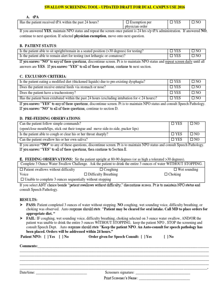 Swallow Screening Tool | Speech Language Pathology | Medical Specialties