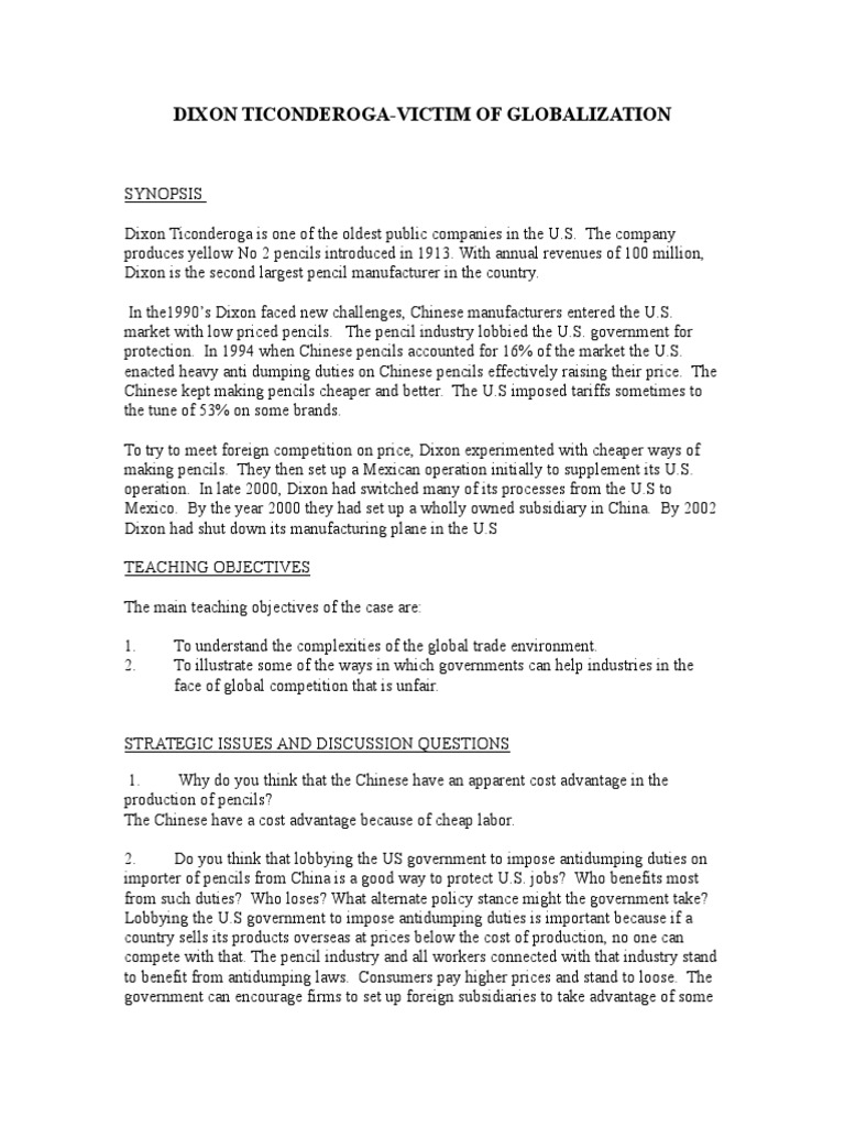 Dixon Ticonderoga Case Study PDF Dumping (Pricing Policy