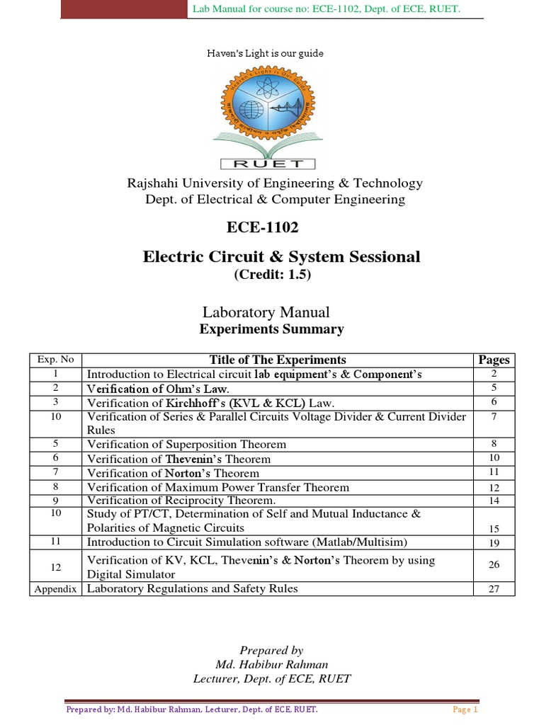 Lab Manual For ECE1102 PDF Electrical Impedance Electrical