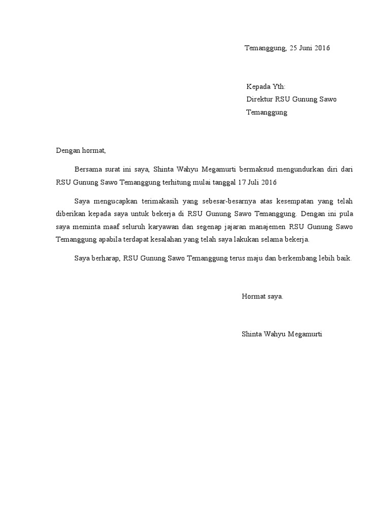 Contoh Surat Pengunduran Diri Resign Dari Tempat Kerja Doc