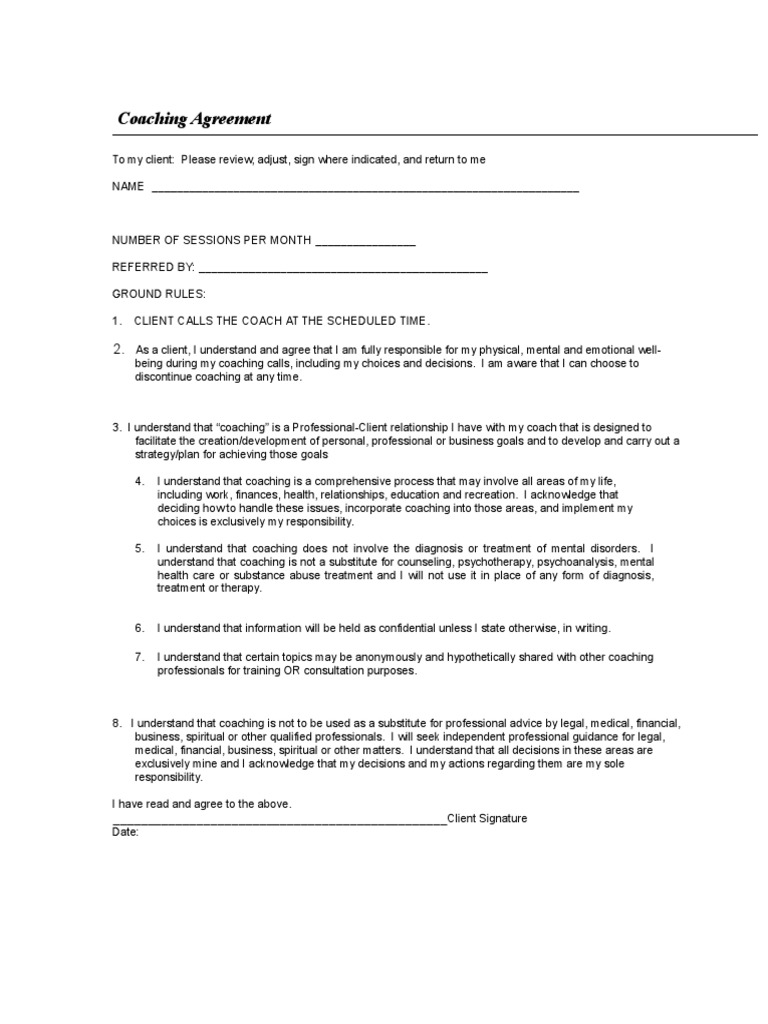 ICF Sample Coaching Agreement  PDF Inside Business Coaching Contract Template