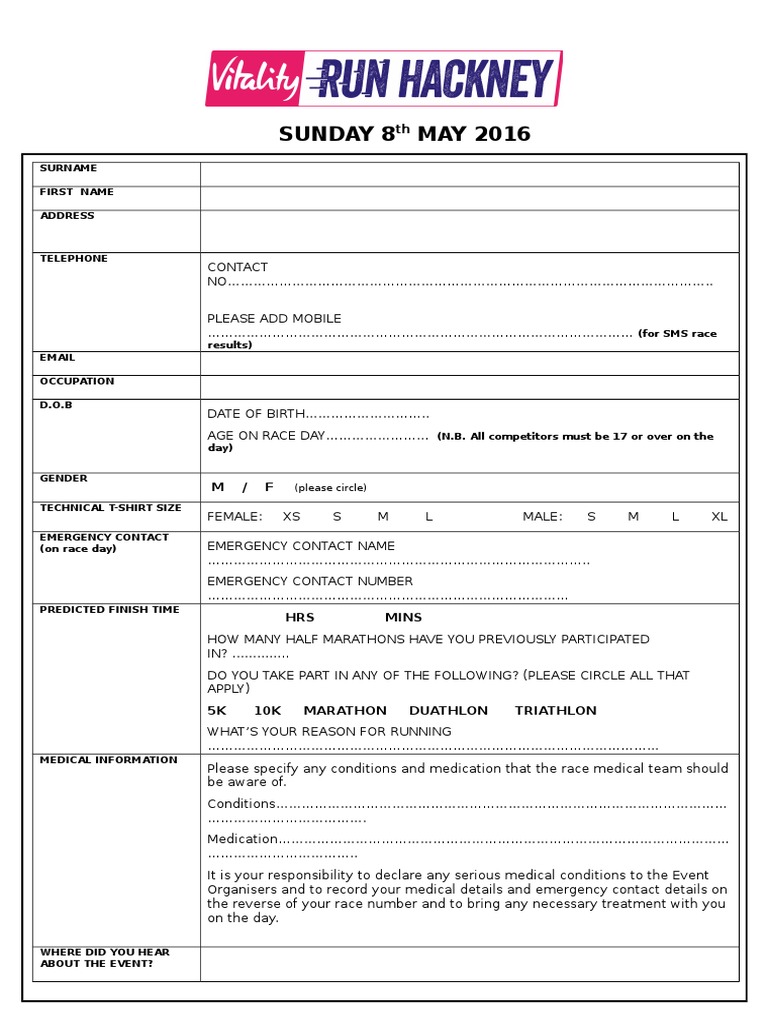 Hackney 2016 Runner Registration Form | PDF | Business | Wellness