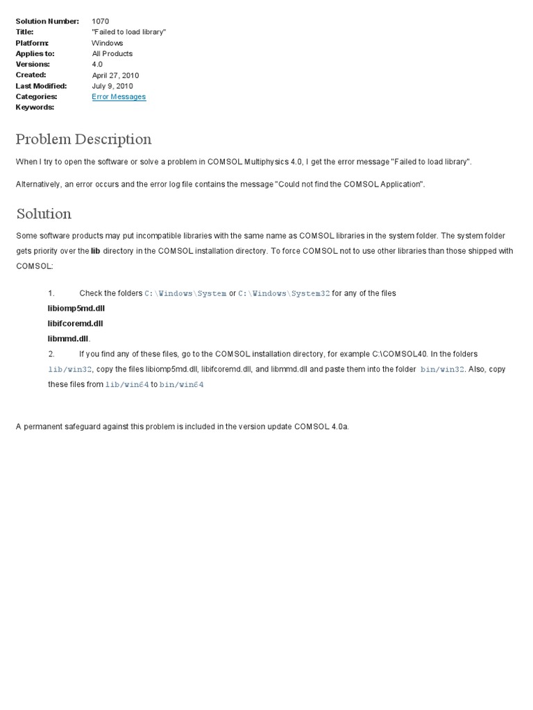 COMSOL 4.0 "Failed to Load Library" Fix | PDF
