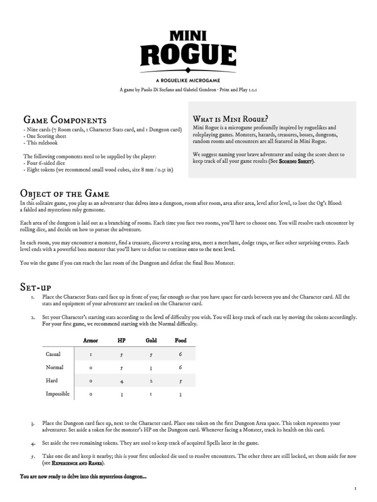 Mini Rogue Rules v1.2.1 PDF Multiplayer Video Games Entertainment