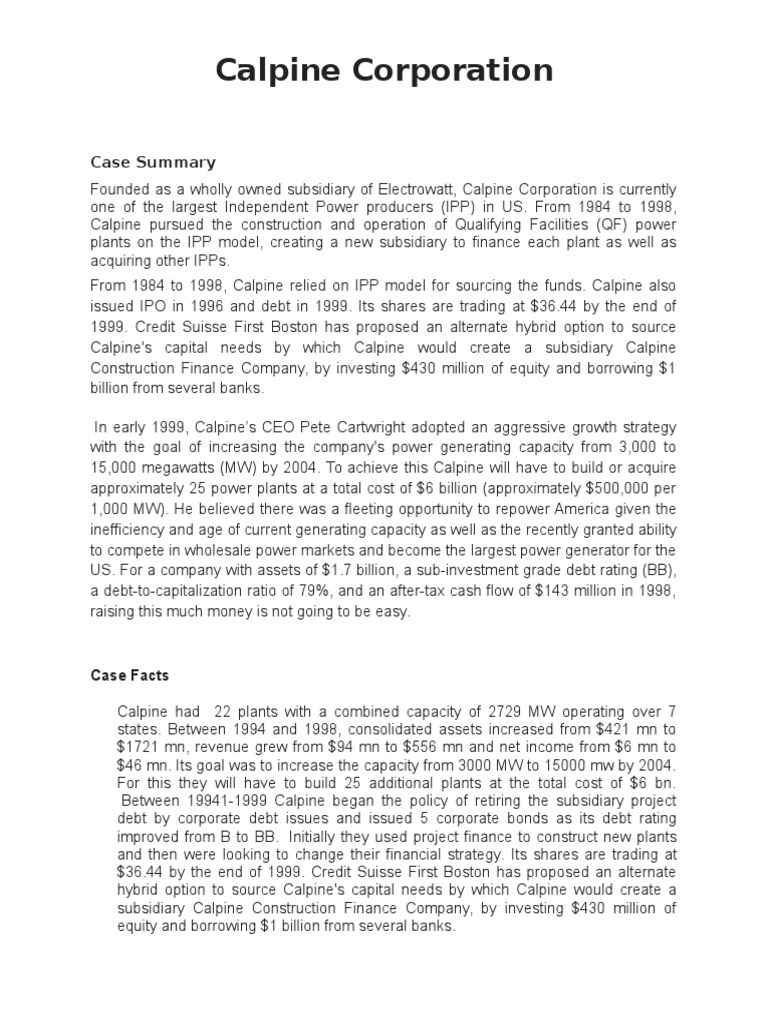 Calpine Corporation Case Summary PDF Euro Kilowatt Hour