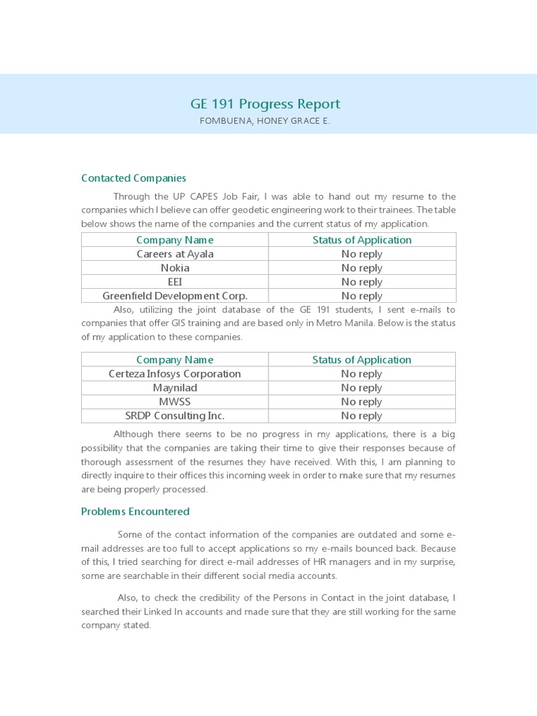 GE 191 Progress Report: Fombuena, Honey Grace E | PDF | Career & Growth