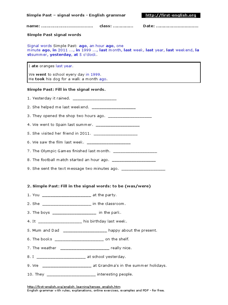 Signal words of the simple past worksheet