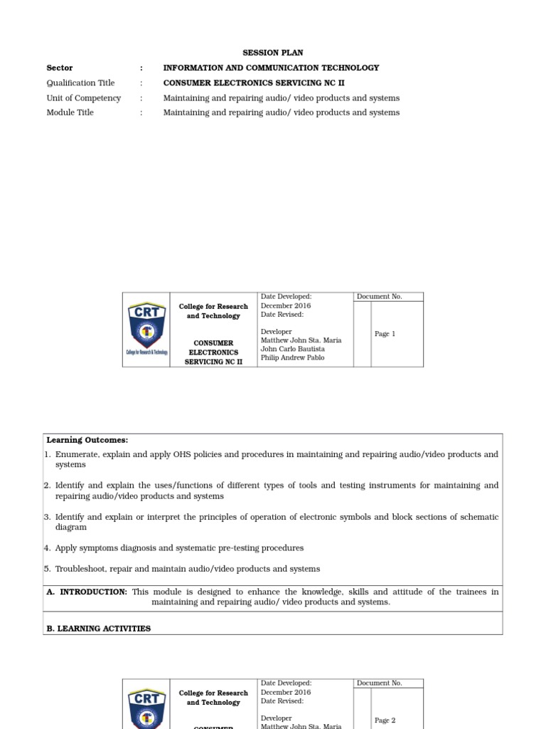 Session Plan Sector Information and Communication Technology Consumer Electronics Servicing NC