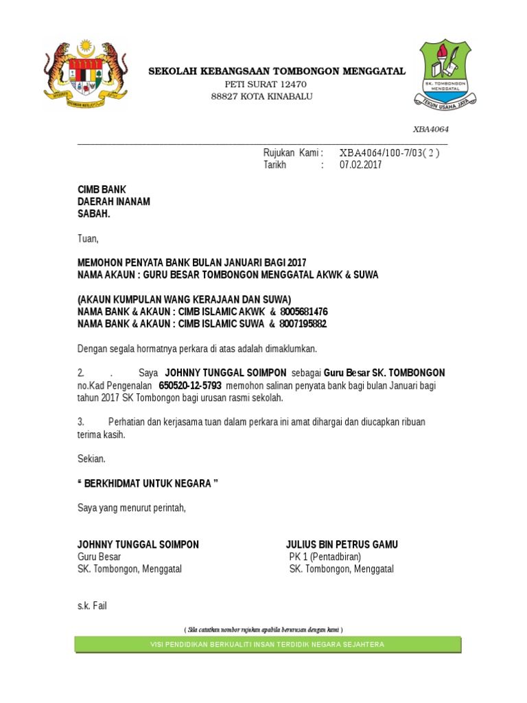 Memohon Penyata Bank Bulan November Dan Disember Bagi 2016 Sk Tombongon Pdf