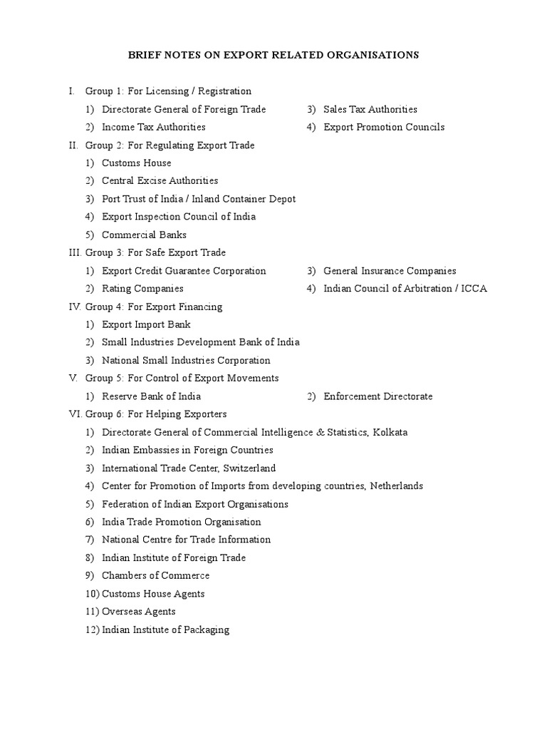 01 Brief Notes On Export Related Organisations | PDF | Exports | Trade