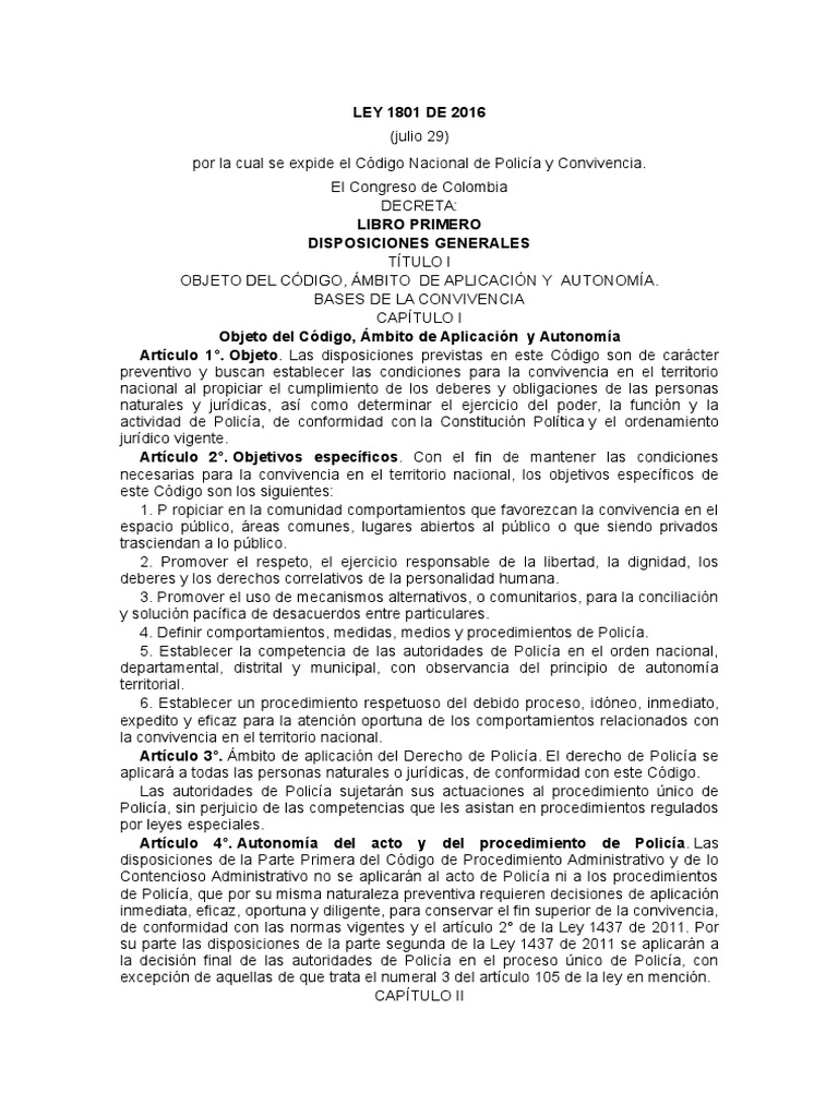 Ley 1801 de 2016: Código de Policía | PDF | Policía | Regulación