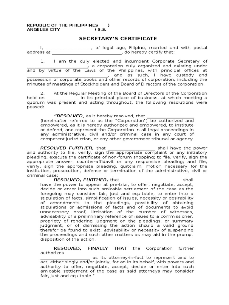 Secretary s Certificate Template File Complaint 2 21 17 Pleading